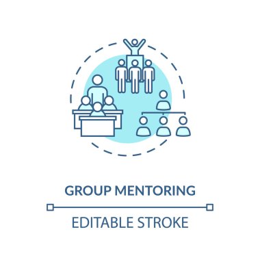 Grup danışmanlığı konsepti ikonu. Ortak akıl hocalığı modeli. Eğitim seminerleri, konferanslar ve okul programları ince çizgiler çiziyor. izole edilmiş RGB renk çizimi. Düzenlenebilir vuruş