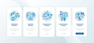 Mobil uygulama sayfasında konseptlerle birlikte eğitim kursu. Organizasyon yönetimi 5 aşamalı grafik talimatları gözden geçiriyor. RGB renk resimleriyle UI şablonu