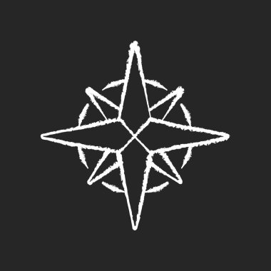 Rüzgarın gülü siyah arkaplanda beyaz tebeşir simgesi. Geleneksel denizcilik rehberi. Kardinal yön gösterici, deniz yolculuğu yönlendiricisi. Windrose izole edilmiş karatahta çizimi