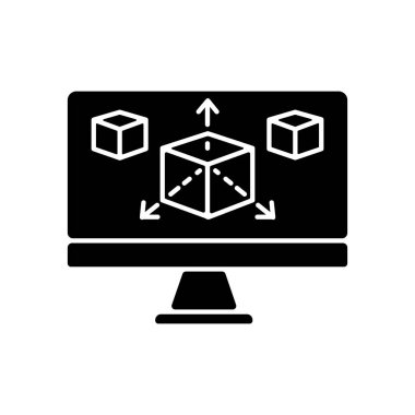 Siyah kabartma simgesini modelliyorum. Grafik tasarım projesi için üç boyutlu prototip. Geometri sunumu için bilgisayar programında küp. Beyaz boşlukta siluet sembolü.