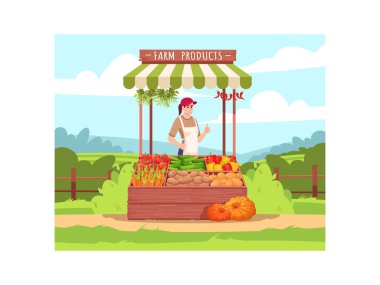 Kadın çiftçi eko ürünleri yarı düz çizim satıyor. Panayır tezgahında yiyecek var. Yerel taze sebze üretimi. Ticari kullanım için 2D karikatür karakterleri