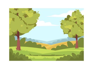 Buğday ekimi yarı düz çizim. Açık alanlı yaz ormanı. Yeşillik ve otlaklı tarlalar. Mevsimsel hasat büyüyor. Ticari kullanım için kırsal 2B karikatür manzarası