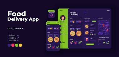 Gıda dağıtım uygulaması uyarlanabilir tasarım şablonu. İtalyan fast food düz çizimlerle uygulama gece modu arayüzü sipariş ediyor. Akıllı telefon, tablet, akıllı saat çizgi filmi UI