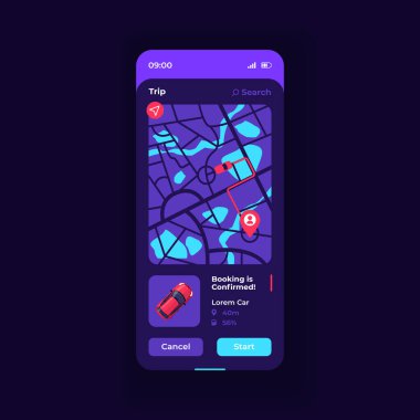 Trip güzergahı akıllı telefon arayüz şablonu. Mobil uygulama sayfası koyu mavi tasarım düzeni. Araba paylaşım servisi ekranı. Başvuru için düz UI. Taksi seyrüsefer. Araba yolculuğu. Telefon görüntüsü