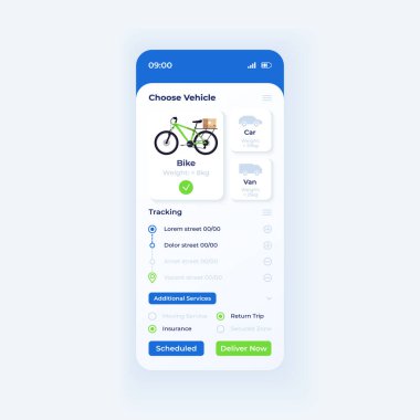 Delivery app smartphone interface template. Mobile app page light theme design layout. Vehicles options menu screen. Flat UI for application. Order details customization on phone display