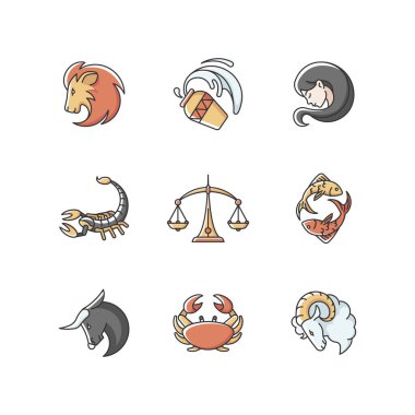 Astroloji, RGB renk simgeleri seti imzalar. Farklı burç falı falı baktırıyor. Astrolojik gelecek tahmini. Çeşitli doğum işaretleri izole edilmiş çizimler