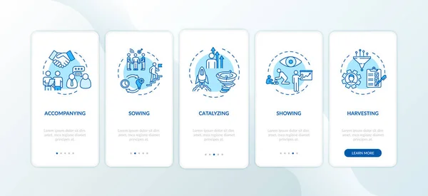 コンセプト付きのプロジェクト管理オンボーディングモバイルアプリページ画面 同僚への指導 従業員のウォークスルーをサポート5手順グラフィック指示 Rgbカラーイラスト付きUiテンプレート — ストック写真