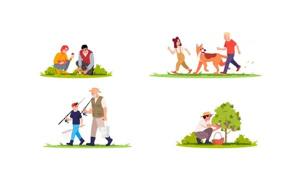 夏休み活動半フラットイラストセット 森の中でキノコを集める人 子供たちは犬と遊ぶ 商業用家庭用2D漫画キャラクターコレクション — ストック写真