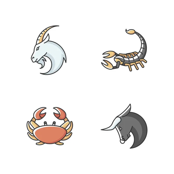 Astrological signs RGB color icons set. Goat, crab, scorpion and bull zodiac. Horoscope future prediction, esoteric fortune telling. Isolated illustrations