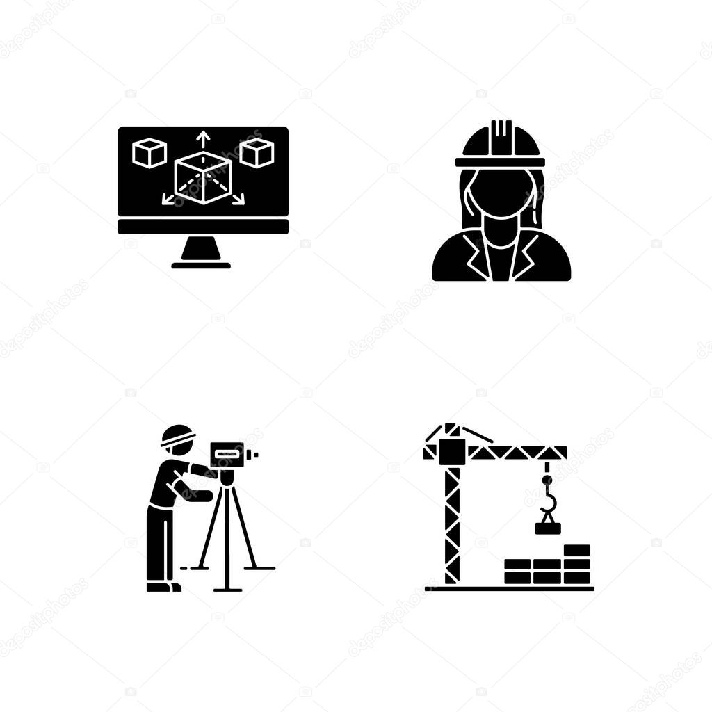 Construction building process black glyph icons set on white space. Three dimensional computer modeling. Professional land surveyor. Female architect. Silhouette symbols.
