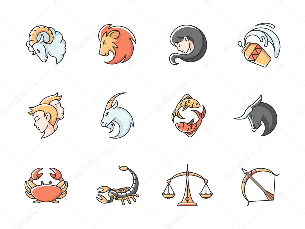 Zodiac signs RGB color icons set. Twelve horoscope for fortune telling. Astrology and future prediction. Different birth signs Isolated illustrations