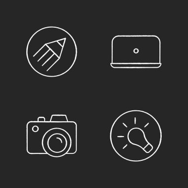 Fotoğrafçı çalışma unsurları siyah arkaplan üzerine tebeşir beyaz simgeleri ayarlandı