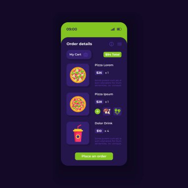 Pizza siparişi uygulaması akıllı telefon arayüz vektör şablonu