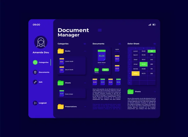 Administrador de documentos tableta interfaz vector plantilla — Vector de stock