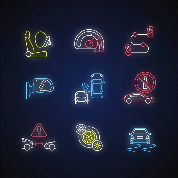 Conjunto de iconos de luz de neón de conducción segura — Archivo Imágenes Vectoriales