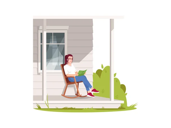 Žena sedí v křesle na terase poloplochý RGB barevný vektor ilustrace — Stockový vektor