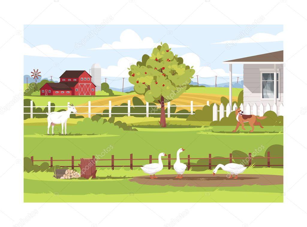 Farm with animals semi flat vector illustration