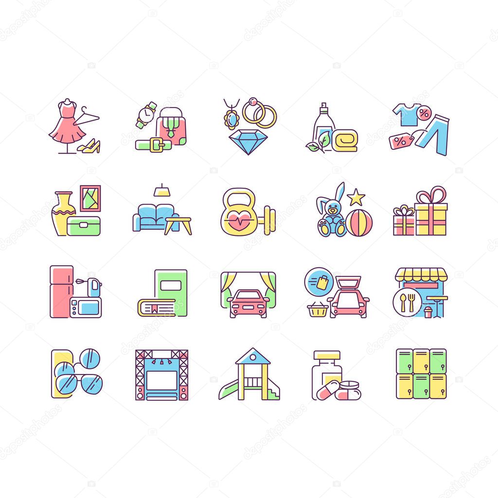 Shopping mall categories RGB color icons set