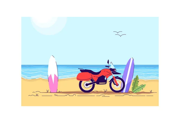 Motorrad und Surfbretter halb flach Vektor Illustration — Stockvektor