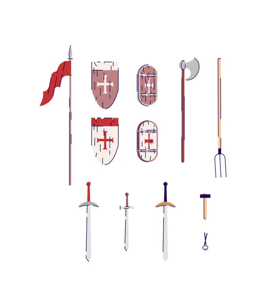 Medieval weapons and tools semi flat RGB color vector illustration set — Stock Vector