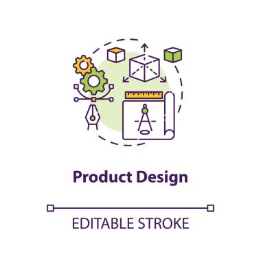 Ürün tasarım konsepti ikonu. Modellik. Modern teknoloji uygulaması. Ürün yönetimi fikri ince çizgi çizimi. Vektör izole edilmiş RGB renk çizimi. Düzenlenebilir vuruş