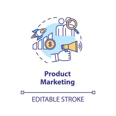 Ürün pazarlama konsepti ikonu. İş terfisi. Hedef kitle reklamı. Ürün yönetimi fikri ince çizgi çizimi. Vektör izole edilmiş RGB renk çizimi. Düzenlenebilir vuruş