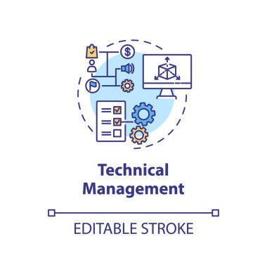 Teknik yönetim konsepti ikonu. Teknoloji bakımı. Sanayi modelliği. Ürün yönetimi fikri ince çizgi çizimi. Vektör izole edilmiş RGB renk çizimi. Düzenlenebilir vuruş