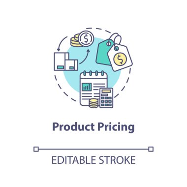 Ürün fiyatlandırma konsepti ikonu. Malı sat. Ticari plan. Finansal strateji. Ürün yönetimi fikri ince çizgi çizimi. Vektör izole edilmiş RGB renk çizimi. Düzenlenebilir vuruş