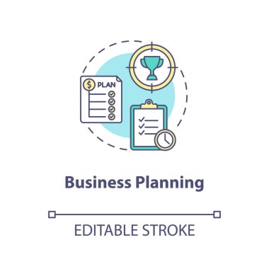 İş planlama konsepti ikonu. Finansal strateji. Şirket geliştirme. Ürün yönetimi fikri ince çizgi çizimi. Vektör izole edilmiş RGB renk çizimi. Düzenlenebilir vuruş