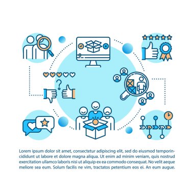 Kullanıcılar metin ile konsept simgesi deneyimlerler. Müşteri memnuniyeti ve ürün değerlendirmesi. PPT sayfa vektör şablonu. Broşür, dergi, kitapçık tasarım ögesi doğrusal çizimler