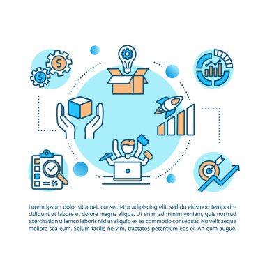 Metinli ürün yöneticisi konsepti simgesi. Ürün fırlatma işlemi. Ticari mal idarecisi. PPT sayfa vektör şablonu. Broşür, dergi, kitapçık tasarım ögesi doğrusal çizimler