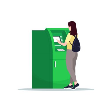 Kadınlar yarı düz RGB renk çizimi kullanır. Kız self servis büfesinden para çekiyor. Para transferi için son nokta. Banka müşterisi beyaz arkaplanda karikatür karakterini izole etti