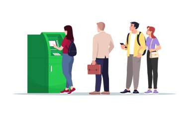 ATM kuyruğu yarı düz RGB renk çizimi. İnsanlar para terminalinin yanında bekliyor. Otomatik makineden para çek. Banka müşterileri beyaz arkaplanda çizgi film karakterini izole ettiler