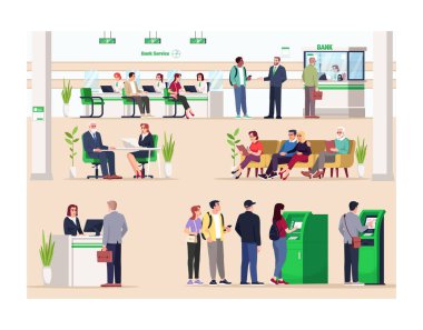 Banka lobisi yarı düz vektör çizimi. Finansal danışmanlık. Resepsiyon ve bekleme salonu. ATM terminali kuyruğunda. Ticari kullanım için banka müşterileri ve yöneticileri 2D çizgi film karakterleri
