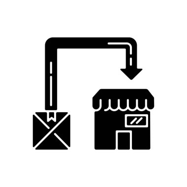 Üretim sonrası siyah kabartma simgesi. Yapım sonrası, beyaz alanda ticari dağıtım silueti sembolü. Paket teslimat servisi. Mağazalara mal gönderiyoruz. Vektör izole illüstrasyonu