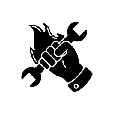 İnsan emeği siyah kabartma simgesi. Üretim endüstrisi, işçi sınıfı, beyaz alanda işçi silueti sembolü. Profesyonel bakım servisi. El ele tutuşan anahtar vektörü izole edilmiş illüstrasyon