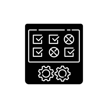 Üretim testi siyah kabartma simgesi. Üretim süreci sonrası, ürün kalitesi kontrol silueti beyaz alanda. Kalite değerlendirmesi, ekipman kontrolü. Vektör izole illüstrasyonu