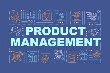 Ürün geliştirme kelimesi sancak kavramını içerir. Yönetim ve pazarlama stratejisi. Mavi arkaplanda doğrusal simgeleri olan bilgi grafikleri. İzole tipografi. Vektör çizgisi RGB renk çizimi