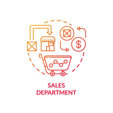 Satış departmanı kırmızı gradyan konsept ikonu. Pazarlama planları. Ticaret araştırması. Mallar satılıyor. Ürün yönetimi fikri ince çizgi çizimi. Vektör izole edilmiş RGB renk çizimi