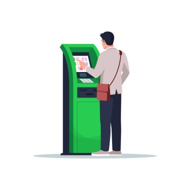 Adam yarı düz RGB renk çizimi ile ödeme yapıyor. Erkek müşteri finansal büfe kullanıyor. Para çekmek için self servis terminali. Banka müşterisi beyaz arkaplanda karikatür karakterini izole etti