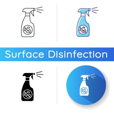 Antiseptik sprey ikonu. Lineer siyah ve RGB renk stilleri. Sterilizasyon ürünü, dezenfektan. Ev temizliği, ev temizliği. Deterjan içeren sprey şişesi izole edilmiş vektör çizimleri
