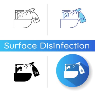 Lavabo musluğu dezenfekte ikonu. Lineer siyah ve RGB renk stilleri. Yüzey temizliği, ev işleri. Evde sterilizasyon. Banyo musluğu karınca deterjan spreyi izole vektör çizimleri