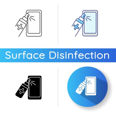 Akıllı telefon ekranı temizleme simgesi. Lineer siyah ve RGB renk stilleri. Cep telefonu dezenfeksiyonu. Yüzey temizliği, hijyen. Cep telefonu ve dezenfektan sprey izole vektör çizimleri