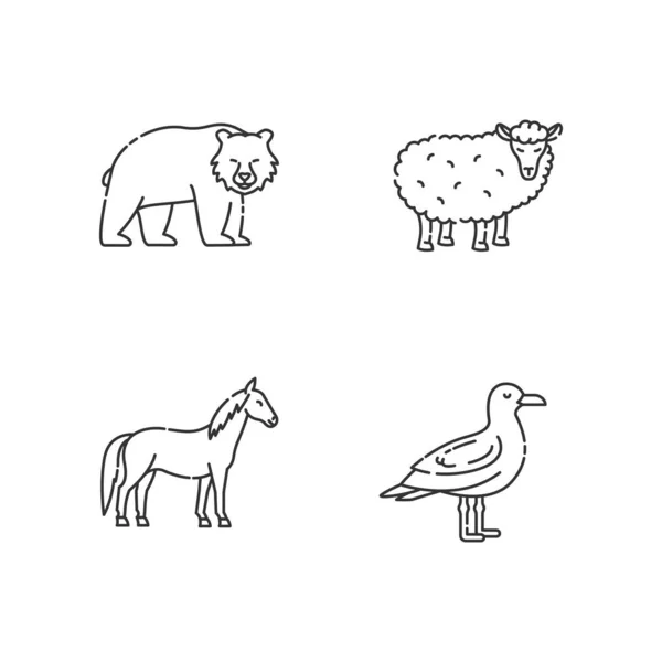 Domestic Wild Animals Pixel Perfect Linear Icons Set Bear Seagull — Stock Vector