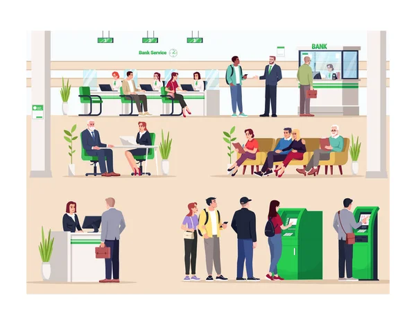 銀行ロビーセミフラットベクトルイラスト 財務相談 受付と待合室 Atmターミナルへのキュー 銀行の顧客や管理者商業用2D漫画のキャラクター — ストックベクタ