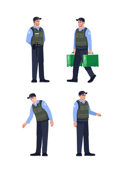 Bank Security Officer Halb Flach Rgb Farbvektor Illustration Set Offizier — Stockvektor