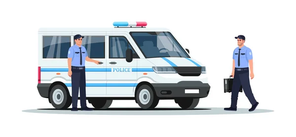 警備員と警察トラック半フラットRgbカラーベクトルイラスト 装甲車を装備 緊急パトロールのためのバン 警察の男隔離された漫画のキャラクター上の白い背景 — ストックベクタ