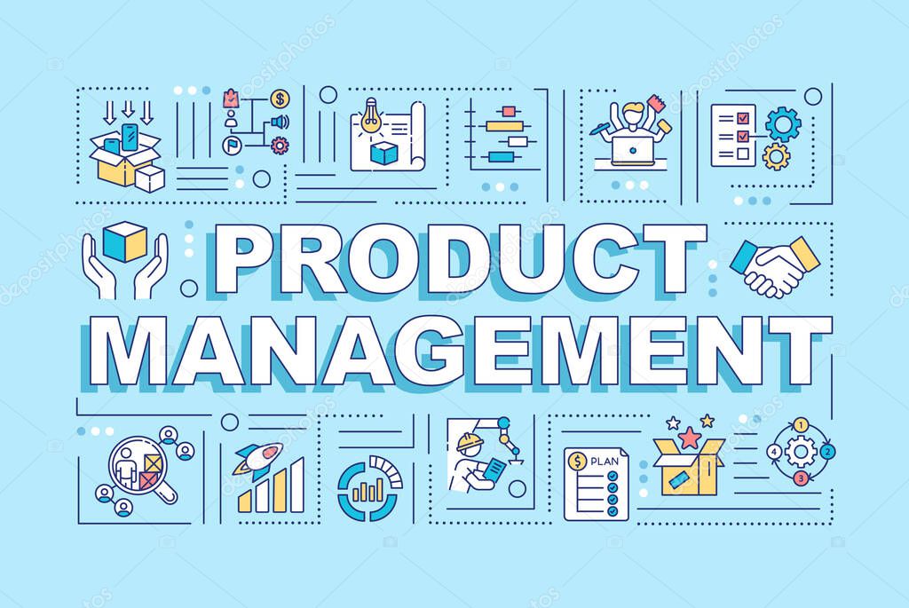 Product management word concepts banner. Marketing professional. Production supervisor. Infographics with linear icons on blue background. Isolated typography. Vector outline RGB color illustration