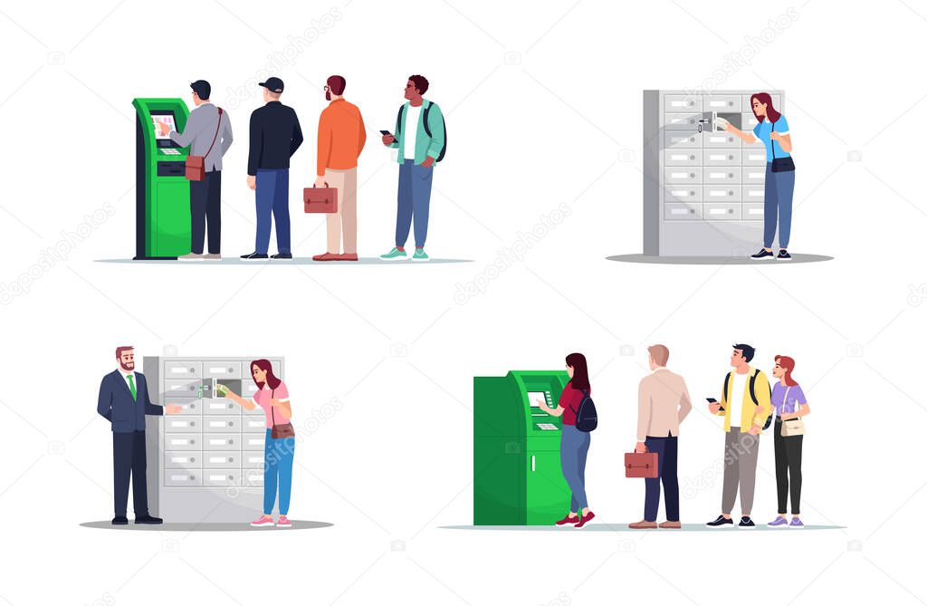 Money storage and withdrawal semi flat RGB color vector illustration set. Self serving kiosk client. Bank service customers isolated cartoon character on white background collection