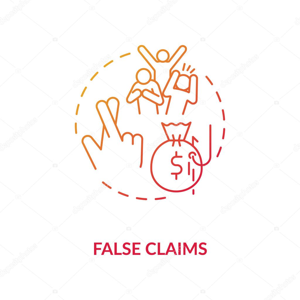 False claims concept icon. Common corporate crime. Financial fraud against government. Federal law violation idea thin line illustration. Vector isolated outline RGB color drawing